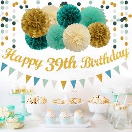 Teal-Blue Mint Beige-Gold 39th-Birthday Party Decorations - 31pcs Tissue Pom Poms Streamers,Baby Shower Decorations Girl Women Tassel Garland Happy Birthday Banner Decor Panduola