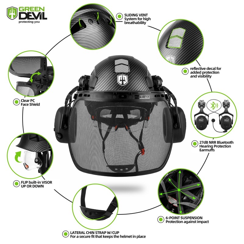 GREEN DEVIL Forestry Chainsaw Safety Helmet with Bluetooth Ear Muffs