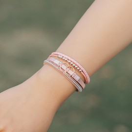 FANCY SHINY Boho Wrap Bracelets Leather Cuff Bangle Gold Beaded Bracelets for Women Stackable Infinity Bracelets Jewelry with Clasp(Pink)