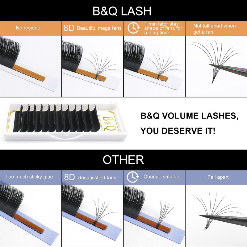 B&Q 1 Tray Self-Fanning Eyelashes, D-0.05-11, Easy Fan Lashes for