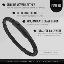 LUXAR Men’s Genuine Leather Bracelet | Interwoven Black Leather Bracelets with Brush Stainless Steel Clasp | Minimalist, Designer Jewelry for Men (Black Round, Small)