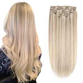 XDhair Clip-In Real Hair Extensions, Blonde Real Hair Extensions, 55 cm, 120 g, 6 Pieces, Clip-In Remy Hair Extensions, Dirty Blonde Highlights Bleach Blonde (#18P613-22 inches)