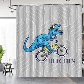 Aimego Long Funny Shower Curtain - Cute Blue Dinosaur Ride A Bike Fun Dino Fabric Cloth Bath Shower Curtain Set with 12 Hooks for Bathroom Decor Accessories Bathtub Curtain, 72"x78"