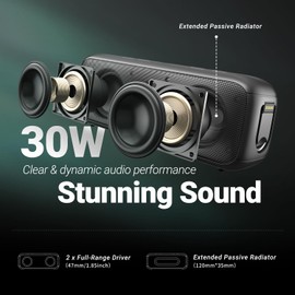 BOGASING G6 Bluetooth Speaker, Portable Wireless Speakers with 30W Punchy Sound, 35H Playtime, IPX6 Waterproof, Bluetooth 5.3, Built-in Mic, EQ, TF-Card, AUX, USB Stick for Outdoors Hiking (Beige)