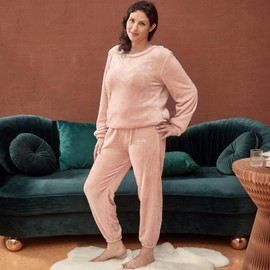 LACOFIA Women Fleece Pyjamas Sets Warm Loungewear Ladies Pjs Long Sleeve Nightwear Winter Couples Pajamas Light Pink S