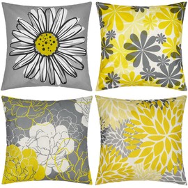 18x18 Decorative Pillow Covers HADEEONG Set of 4 Yellow and Grey Throw Pillow Covers Modern Daisy Farmhouse Cushion Covers for Couch Sofa Bed Outdoor Decoration(Yellow,18x18in)