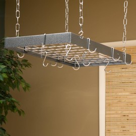 Rogar Hammered Steel Rectangular Pot Rack with Grid and Chrome Accessories 30-in.
