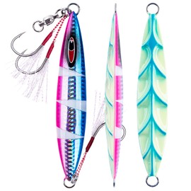 Goture Glow Slow Pitch Jigs with Portable Jig Bag, Double Assist Hook Fishing Jig Lead Saltwater Jigging Lures for Tuna, Dogtooth Tuna, Yellowtail, Kingfish, Bluefin (100g,Blue)