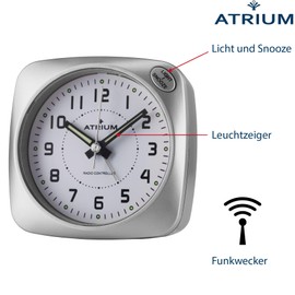 Atrium Funkwecker Analog Quarz ohne Ticken große Zahlen sehr deutlich mit Licht und Snooze Silber A610-19