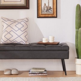 CUYOCA Storage Ottoman Bench, 40" Faux Leather Tufted Entryway Bench, Long Ottoman with Storage for Living Room, Support 660lbs - Black