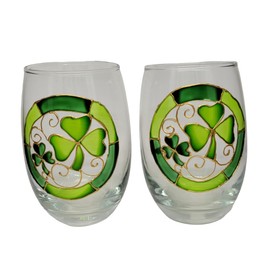 Lucky Green Shamrocks Hand Painted Stemless Wine Glasses Set of 2, tumbler
