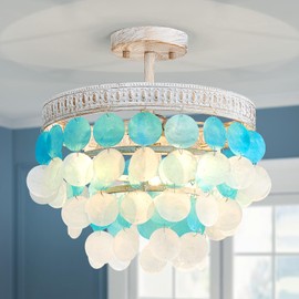 ElegLumi White Blue Capiz Shell Ceiling Light, Capiz Shell Chandeliers for Dining Room, Living Room, Bedroom, Hallway, D12.6'' × H13.4'', 3 * E12 Sockets, White Finish Frame & White Blue Shell