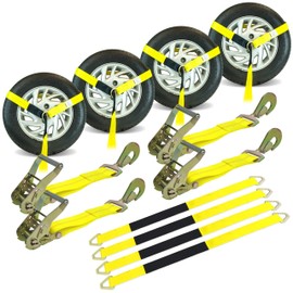 VULCAN Economy Car Tie Down Kit with 4 Lasso Straps, 4 Snap Hook Ratchets, and 4 Free 36 Inch Axle Straps - 3,300 Pound Safe Working Load