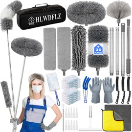 HLWDFLZ Microfiber Duster Kit 36pcs with 30 to 100 in Extension Pole and Ceiling Fan Cleaner Duster, Washable and Bendable Feather Duster for Cleaning Ceiling Fans, High Ceilings, Blinds, Grey