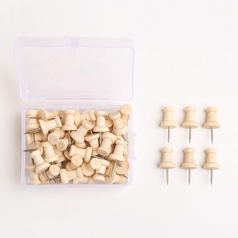 Pack of 50 wooden push pins, thumbtacks wood for cork