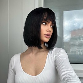 Sapphirewigs Black Bob Wigs for Women Bob Wig with Bangs Short Wig Daily Party Wig Natural Looking Wig 12inch
