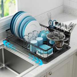 GSlife Large Dish Drying Rack with Mat - Full Size Expandable Dish Racks for Kitchen Counter, Rust Resistant Dish Drainer with Absorbent Drying Mat Cutlery Holder, 16.5"-21.3" L x 14.7" W, Black