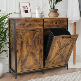 MAMIZO Double Tilt Out Trash Cabinet 10 Gallon*2,Kitchen Garbage Cabinet,Pet-Proof Standing Hidden Dual Laundry Sorter,W/Hideaway Drawer,for Kitchen,Living,Dining Room (Rustic Brown)