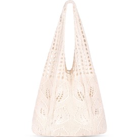 WantGor Crochet Bags, Beach Mesh Tote Bag, Women's Shoulder Bag, Shopping Bag, Casual Travel Bag, Foldable Hobo Bags, Apricot Cream, M