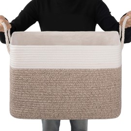 OIAHOMY Storage Basket for Organizing, Blanket Storage With Drawstring, Collapsible Storage Bin With Liner, Basket for Shelves, Blanket Basket Living Room-18”x14”x12”- Brown/White