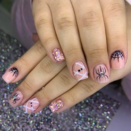 Spider Press On Nails - Short Square Fake Nails with Spider Rhinestones and Web Glitter Design, Full Cover Cute False Nails - Autumn Acrylic Reusable Stick On Nails