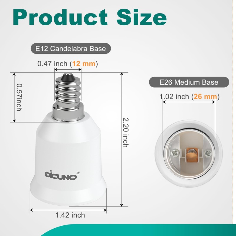 DiCUNO E12 to E26 Socket Adapter, Candelabra E12 to Medium