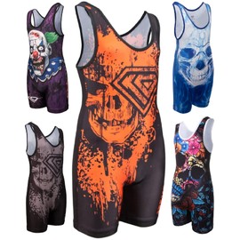 Wrestling Singlet por KO Deportes Gear: Naranja sobre diseño de calavera negro – Fun, asequible Head Turning, Anaranjado, Negro