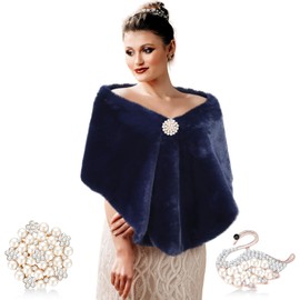 Jadive Women's Faux Fur Shawl Wrap Fake Fur Stoles Scarf Shrug Bridal Winter Wedding Evening Dress with 2 Rhinestone Brooches(Navy Blue)