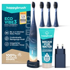 happybrush [Testsieger*] Elektrische Schallzahnbürste ECO VIBE 3 Ocean - Elektrische Zahnbürste mit 6 Wochen Power-Akku inkl. 3 Aufsteckbürsten und BrushforWater Zahnpasta Blau
