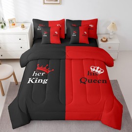 Feelyou Crown Bed SetKing, Woman Red Black Mr Mrs Bed in a Bag Queen and King 7 Piece Bedding Set Lovers Couple Lover Bed in a Bag with Comforter, Sheets, Pillowcases & Cushion Cover