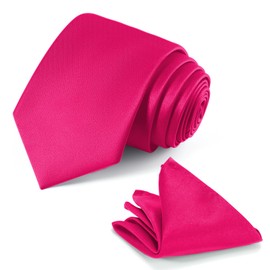 JUNMEISI Hot Pink Tie Set in Gift Box Mens Solid Color 3.15" (8CM) Hot Pink Necktie and Pocket Square Set
