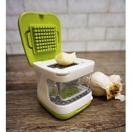 RSVP International Garlic Clove Cube Press Tool, Green/White | BPA-Free Plastic with Stainless Steel Blades | Minces & Slices | Chop, Crush, or Dice Garlic & Herbs | Dishwasher Safe