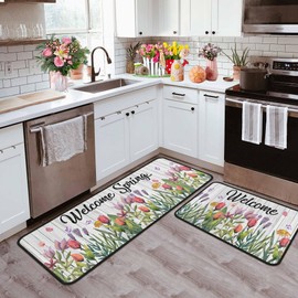 Spring Kitchen Rugs Set of 2, Spring Decorations Non Slip Backing Spring Kitchen Mats for Floor Holiday Rug Spring Decor for Home Party Gifts (Welcome 2, 17"x47.2"+17"x30")