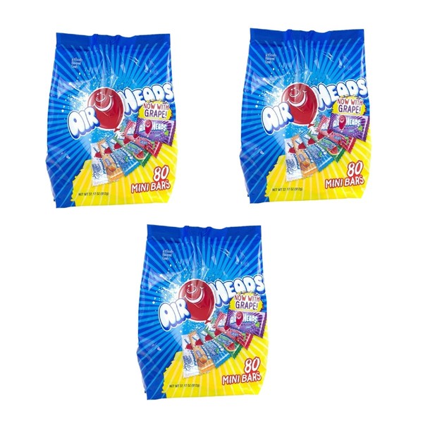 AirHeads 80 Mini Bars Fun Taffy Candy Assorted Fruit Flavors 32.17oz, (3 pack)