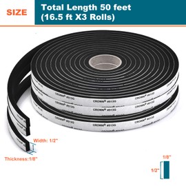 Weather Stripping Door Seal - Adhesive Foam Tape Soundproof Weatherstripping for Windows,1/2 Inch Wide X 1/8 Inch Thick,3 Rolls Total 50FT Black,High Density