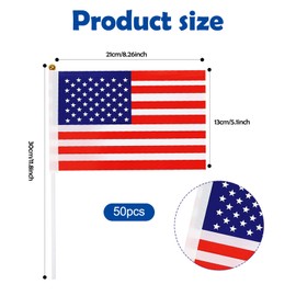 Xunerloy American Flag, 50Pcs 21 × 14cm HandHeld USA Stick Flags, United States Flag on Sticks for Party Decorations for Culture Day Sports Events Garden Street Indoor Outdoor Decorations