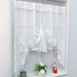 ZZC French Short Lace Sheer Curtains Romantic Tie-Up Half-Sheer Floral Lace Curtain Panel White Swag Valance for Small Window Doorway Decoration Mesh Door Divider 1 Panel W39 L39 inch