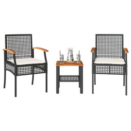 vidaXL Outdoor Bistro Set 3 Piece with Cushions - Poly Rattan & Acacia Wood - Patio/Garden Furniture - Black/Brown - 15.7"x15.7"x16.5" Table - 21.3"x22.4"x33.5" Chair