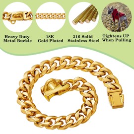 Stainless Steel Silver Gold Dog Collars with Safety Buckle Lock,18K Cuban Link Chain Training Collar,15MM Strong Dog Necklace Heavy Duty Chew Proof for Small Medium Large Dog