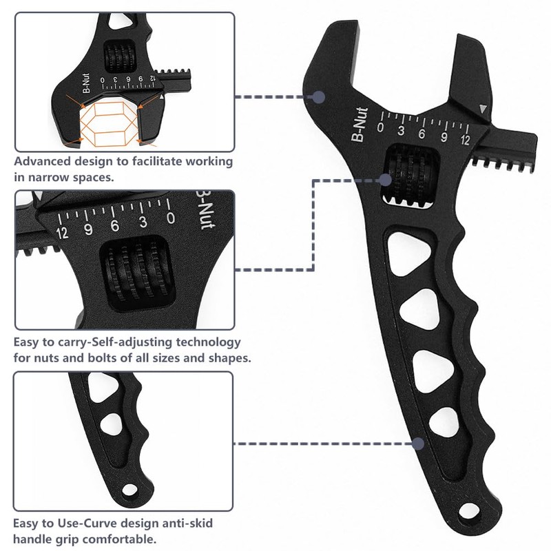 BARTOO AN Hose Fitting Adjustable Wrench 3AN-16AN Lightweight Aluminum(Black)