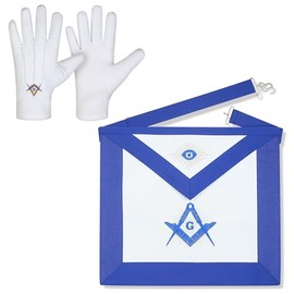 SialkotCrafts Masonic Blue Lodge Master Mason Apron Radiant G Machine Embroidered Blue Ribbon Borders 14x16 inches With Cotton Embroidered Gloves