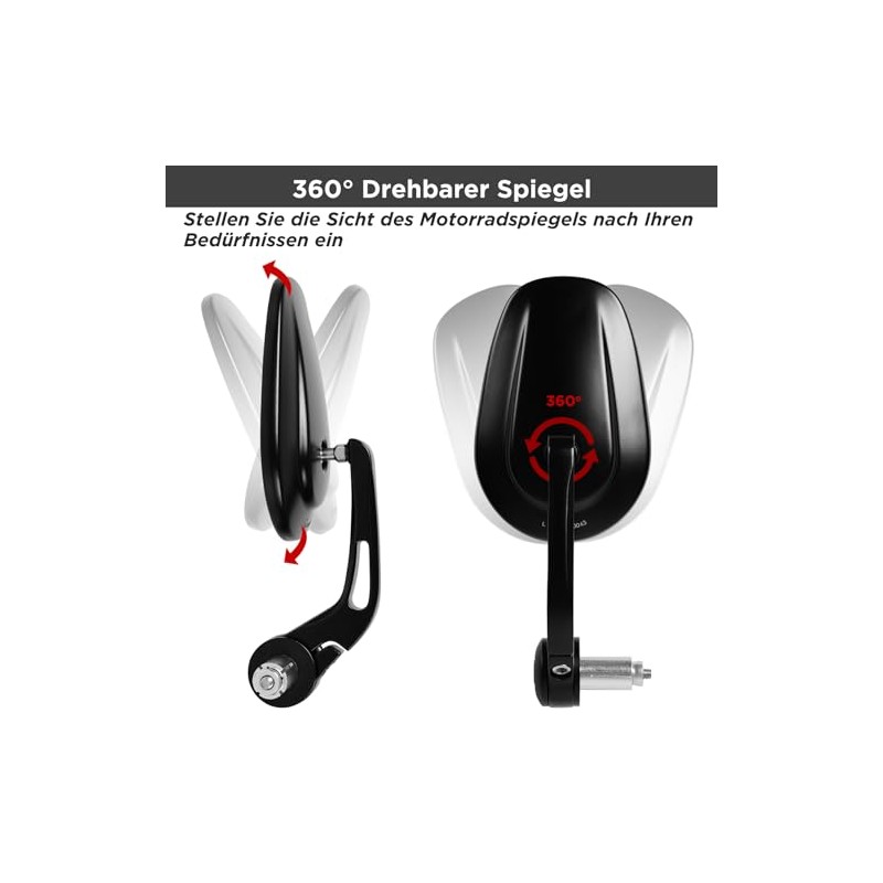 evermotor Motorcycle Handlebar End Mirrors E-Approved E24 360° Adjustable M6