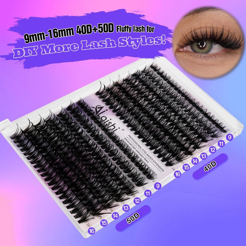 AILAISHI Lash Clusters Kit, DIY Cluster Eyelash Extensions 9‑16mm, 40D+50D,