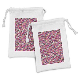 Ambesonne Abstract Fabric Pouch Set of 2, Colorful Geometric Shapes Triangles and Squares on Pink Background Mosaic Art, Small Drawstring Bag for Toiletries Masks and Favors, 9" x 6", Multicolor
