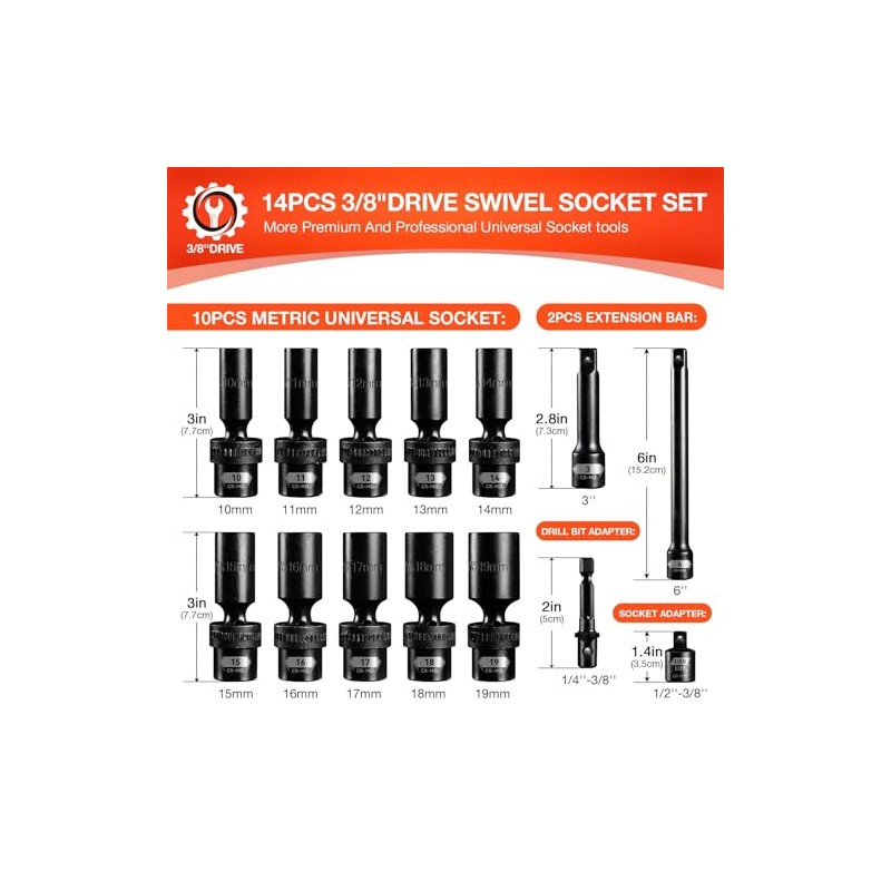 BLACKROBOT 3/8" Drive Swivel Socket Set, 14 Pieces Deep Universal