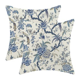 CXMEIFLY Spring Floral Birds Pillow Covers 18 x 18 Inch Set of 2 for Chinoiserie Flowers Decor Throw Pillows Blue and White Plant Outdoor Decorative Cushion Cases for Couch Bed Decorations