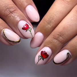 Short Oval Press on Nails Pink Fake Nails with Rose Flower Gold Lines Designs 24 Pcs Natural Reusable Acrylic Nail Full Cover Stick on Nail for Women No Glue WYFHDT