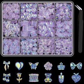 Multi Shapes Acrylic Nail Charms for 3D Nail Art, Purple Heart Flower Bow Star Butterfly Pearl Starry AB Gems and Cute Charms for DIY Decorations and Nail Design with Pickup Tool