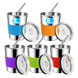 Yummy Sam 8oz Kids Stainless Steel Cups with Lids & Silicone Straws, Small Size Spill-proof Metal Tumblers for Kids, Toddler Cups with Heat-insulated Sleeves,5 Pack
