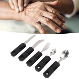 Adaptive Utensils, Easy Grip Cutlery for Adults, 5 Piece Kitchen Set, Wide, Weighted, Non Slip Handles for Hand Tremors, Arthritis, Parkinson, Elderly Use, Stainless Steel